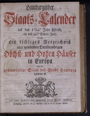 1764: Hamburgischer Staats-Kalender : auf das Jahr
