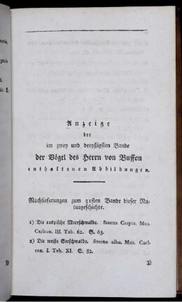 Anzeige der im zwey und dreyßigsten Bandes von Buffons Naturgeschichte der Vögel entHaltetenen Abbildungen. [Plates siehe arabische Paginierung]