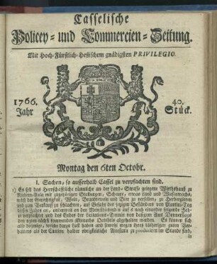 40. Stueck, Montag den 6ten Octobr. 1766