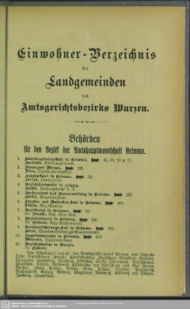 Einwohner-Verzeichnis der Landgemeinden des Amtsgerichtsbezirks Wurzen