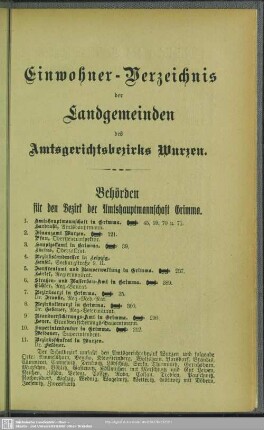 Einwohner-Verzeichnis der Landgemeinden des Amtsgerichtsbezirks Wurzen