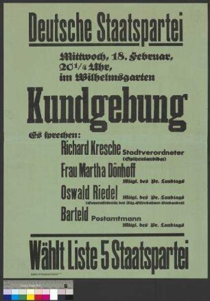 Plakat der Deutschen Staatspartei (DStP) zu einer Wahlkundgebung am 18. Februar 1931 in Braunschweig