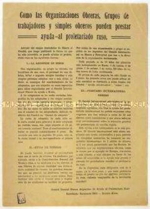 Flugblatt mit Erläuterung der Hilfsmöglichkeiten argentinischer Arbeiter betreffend die Hungersnot in Russland (spanisch)