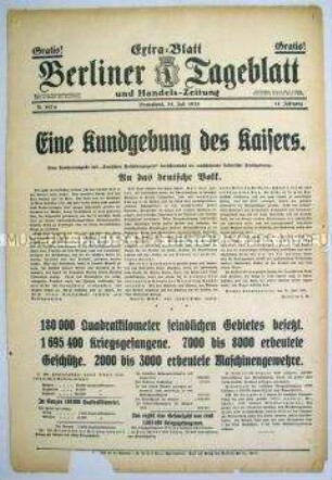 Extra-Blatt des "Berliner Tageblatt" mit einem Aufruf des Kaisers