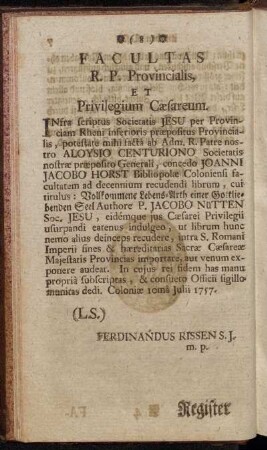 Facultas R. P. Provincialis, Et Privilegium Cæsareum