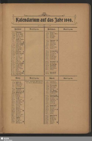Kalendarium auf das Jahr 1898