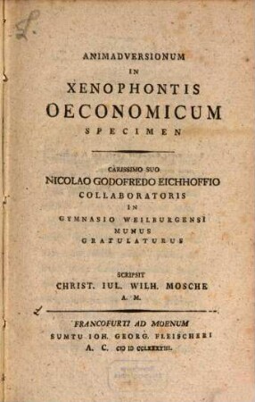 Animadversionum In Xenophontis Oeconomicum Specimen