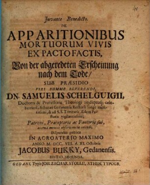 De apparitionibus mortuorum vivis ex pacto factis, von der abgeredeten Erscheinung nach dem Tode