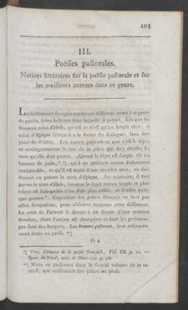 III. Poesies pastorales. Notices littéraires sur la poesie pastorale et sur les meilleurs auteurs dans ce genre