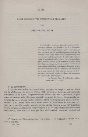Sulle relazioni tra Cinematica e Meccanica.