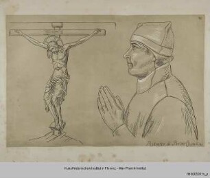 Christus am Kreuz eines Kreuzigungsbildes und Stifter von einem Madonnenbildnis