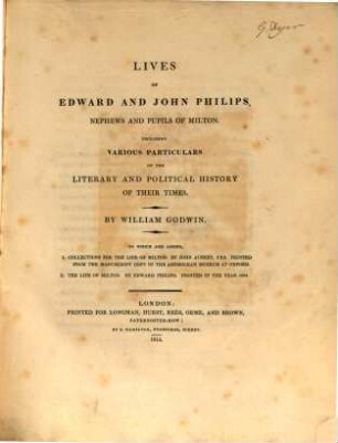 Lives of Edward and John Philips, Nephews and Pupils of Milton