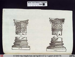 Kapitell und Basis einer Säule der korinthischen Ordnung mit einem Cherub und einem Widderkopf.