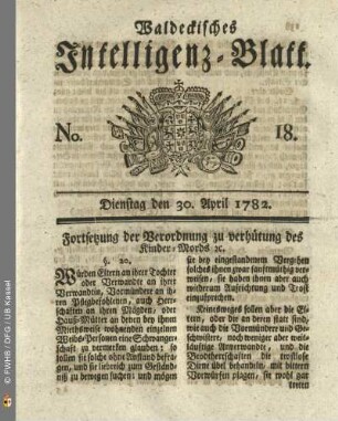 No. 18, Dienstag den 30. April 1782