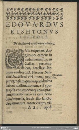Edovardus Rishtonus Lectori, De occasione & causis huius editionis