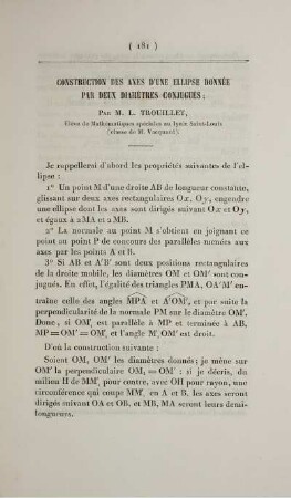 Construction des axes d'une ellipse donnée par deux diamètres conjugués.