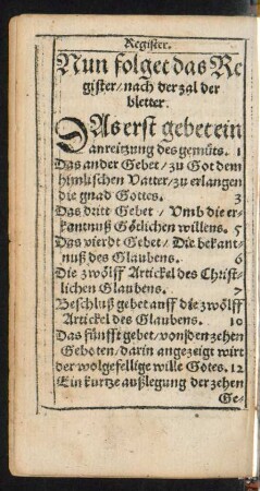 Nun folget das Register/ nach der zal der bletter.