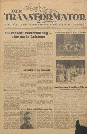 TRO-Betriebszeitung 'Der Transformator'; Nr. 1/1957 (Januar 1957)