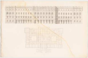 Werke der höheren Baukunst, Darmstadt 1858. Rathaus, Hamburg: Grundriss, Rückansicht