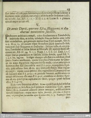 V. De annis Darii, quorum Esra, Haggaeus, et Zacharias mentionem faciunt