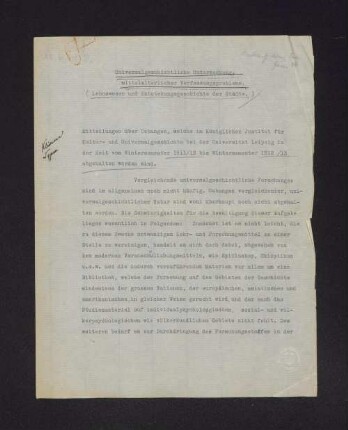 Universalgeschichtliche Untersuchungen mittelalterlicher Verfassungsprobleme. (Lehenswesen und Entstehungsgeschichte der Städte) : Mitteilungen über Übungen, welche im Königlichen Institut für Kultur- und Universalgeschichte ... [im] Wintersemester 1911/12 bis Wintersemester 1912/1913 abgehalten worden sind