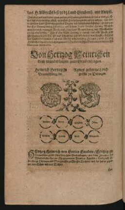 Wappen. Heinrich Herzog zu Braunschweig/ etc. und Agnes geborne Landgräfin zu Düringen.