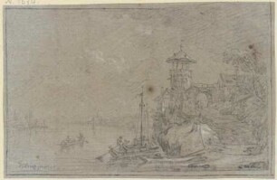 Turm mit Torbogen am Flußufer, im Vordergrund Boote