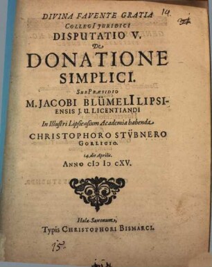 Collegii iuridici disputatio V de donatione simplici