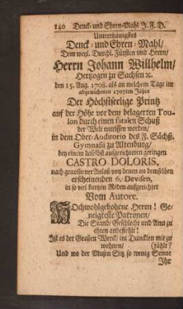 Unterthänigstes Denck= und Ehren=Mahl/ Dem weyl. Durchl. Fürsten und Herrn/ Herrn Johann Willhelm/ Hertzogen ...