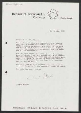 Brief an Svjatoslav Teofilovič Richter, 09.12.1991