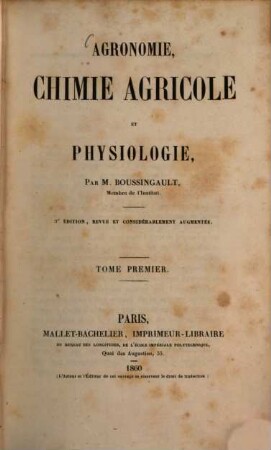 Agronomie, chimie agricole et physiologie, 1