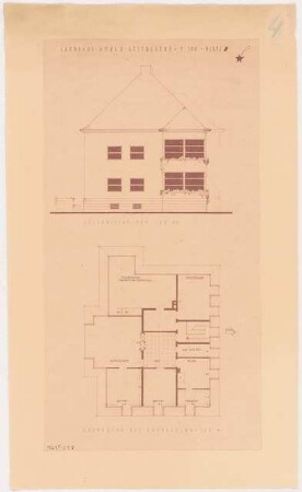 Umbau eines Landhauses Monatskonkurrenz Februar 1933: Grundriss Dachgeschoss, Aufriss Westansicht (vom See) 1:100
