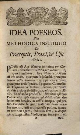 Idea poeseos : Sive methodica instructio de praeceptis, praxi, et usu artis ad ingeniorum culturam ... accomodata