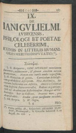 IX. Ianigulielmi, Lubecensis, Philologi Et Poetae Celeberrimi Eximiis In Litteras Humaniores Meritis Disputatio