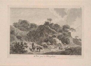 Landschaft bei Meißen mit Kuhherde und Hirte an bergigem Hang, 2. Ansicht aus einer Reihe
