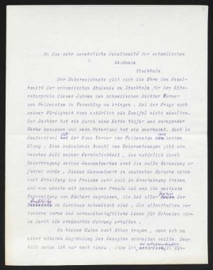 Brief von Gerhart Hauptmann an Fredrik Böök an Nobelpreis-Komitee Schwedische Akademie Stockholm