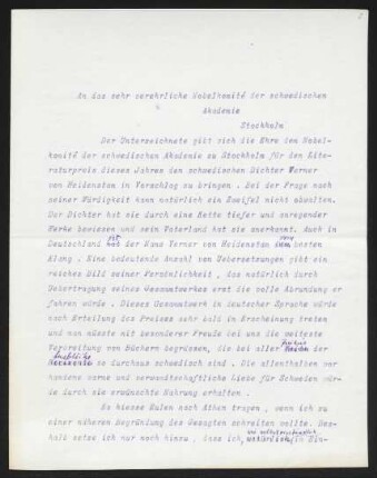 Brief von Gerhart Hauptmann an Fredrik Böök an Nobelpreis-Komitee Schwedische Akademie Stockholm