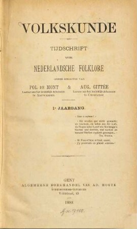 Volkskunde : tijdschrift over de cultuur van het dagelijks leven. 1. 1888