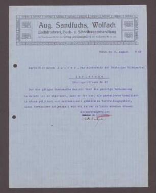Schreiben von einem Redakteur des Kinzigthälers, Wolfach, an Otto Ernst Sutter, Parteisekretär des Parteibüros des Vereins der DVP: Verweigerung der Aufnahme eines Artikels über eine Versammlung in Gutach, 1 Schreiben