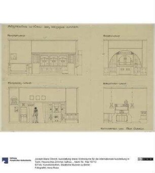 Ausstattung dreier Wohnräume für die internationale Ausstellung in Turin, Hessisches Zimmer, Aufrisse der vier Wände