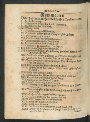 Summarien Derer hierinnen enthaltenen Landes-Constitutionen.