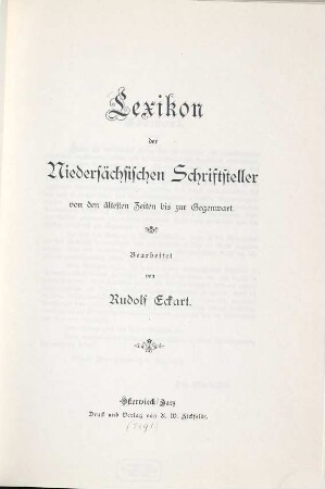 Lexikon der niedersächsischen Schriftsteller von den ältesten Zeiten bis zur Gegenwart