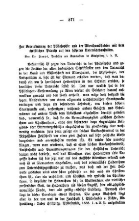 Zur Vereinbarung der Philosophie und der Alterthumsstudien mit dem christlichen Princip auf den höheren Unterrichtsanstalten