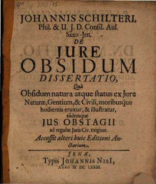 Johannes Schilteri De jure obsidum dissertatio