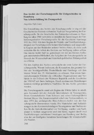 Das Archiv der Forschungsstelle für Zeitgeschichte in Hamburg : Von Arbeiterbildung bis Zwangsarbeit