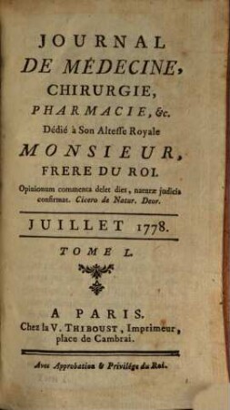 Journal de médecine, chirurgie, pharmacie. 50. 1778