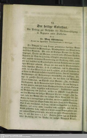 Der heilige Coluthus : Ein Beitrag zur Geschichte der Christenverfolgung in Aegypten unter Diokletian