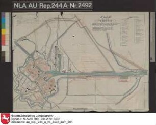 Stadtplan von EMDEN mit Einzeichnung der Hafenanlagen Kolorierter Druck gezeichnet von A. Höcke Lith. Anstalt Schwalbe, W., Emden Papier Format 55,5x40,2 M 1:11.000