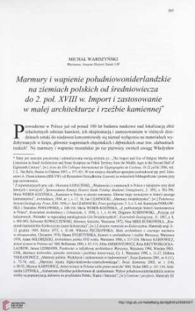 70: Marmury i wapienie południowoniderlandzkie na ziemiach polskich od średniowiecza do 2. poł. XVIII w. : import i zastosowanie w małej architekturze i rzeźbie kamiennej =