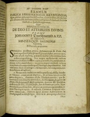 Disputationem III. De Deo Et Attributis Divinis